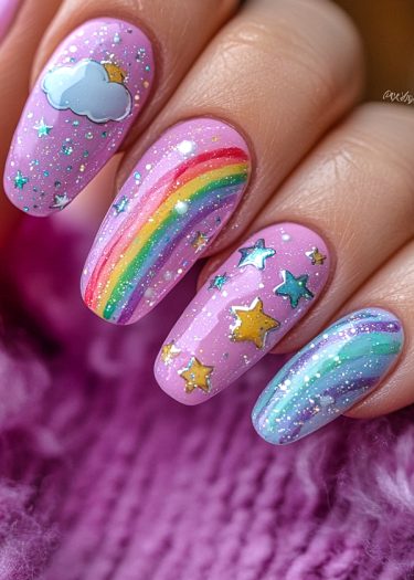 Whimsical celestial nail art with rainbows, stars, and clouds on light pink almond-shaped nails.