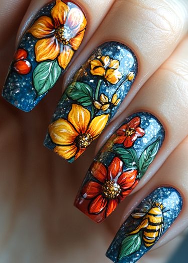 Vibrant floral nail art featuring colorful flowers and a bee on a starry blue background.