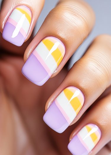 Vibrant geometric nail art design featuring pastel colors on manicured square nails.