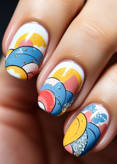 Vibrant geometric nail art with glitter accents in bold colors on short rounded nails.