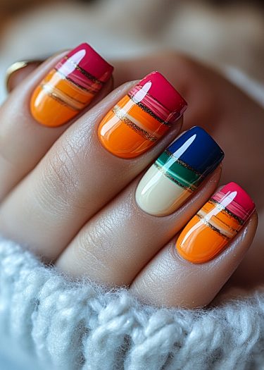 Vibrant nail art with glittery stripes showcasing colorful designs on manicured nails.