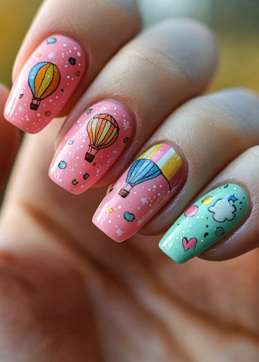 Colorful hot air balloon nail art featuring pastel designs and whimsical details.