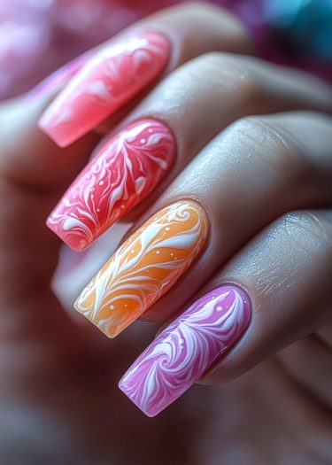 Vibrant hand showcasing artistic colorful marble nail art in a glossy finish.