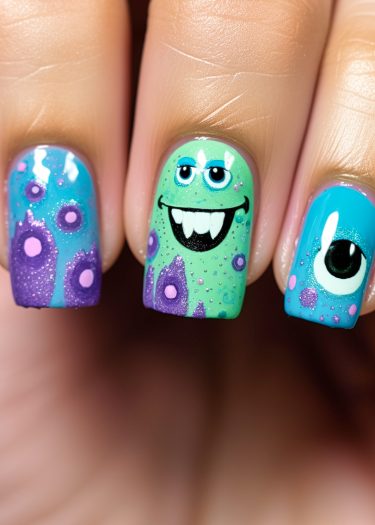 Vibrant monster-themed nail art featuring playful designs on beautifully manicured nails.