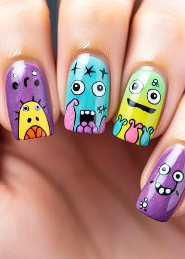 Whimsical monster nail art featuring bright colors and playful designs for fun manicured fingers.