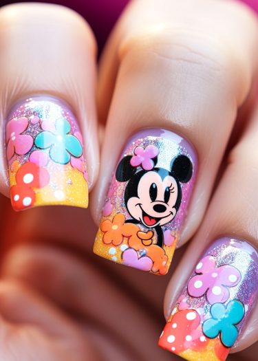 Vibrant cartoon-themed nail art with flowers and glittery backgrounds for a playful look.