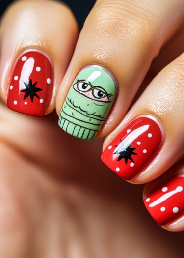 Vibrant nail art design with playful patterns in red and green, showcasing creativity and style.