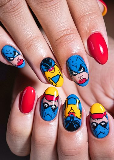 Vibrant comic book nail art showcasing colorful superhero faces on oval-shaped nails.