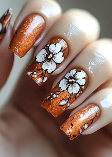 Stunning copper and white floral nail art with shimmering metallic finish for a fall aesthetic.