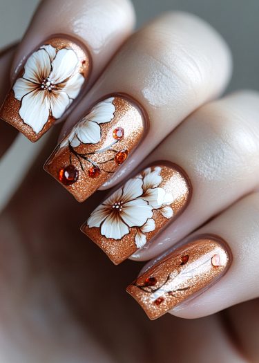 Elegant copper nail design featuring intricate white floral art and sparkling amber gems.