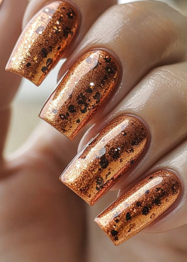 Immaculately manicured copper nails with black glitter speckles for a luxurious nail design.