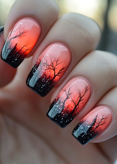 Winter sunset nail art featuring a gradient design with tree silhouettes and snowflakes.