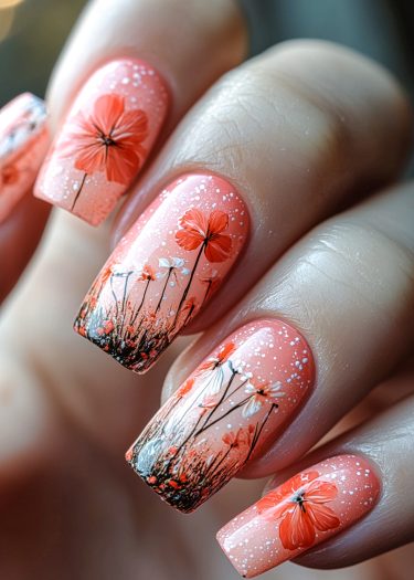 Elegant coral floral nail art design featuring a stunning gradient and delicate flower details.