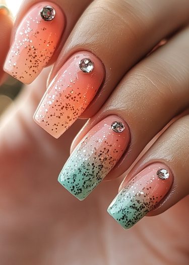 Stylish coral and mint ombre nails with glitter and rhinestones for a chic manicure.