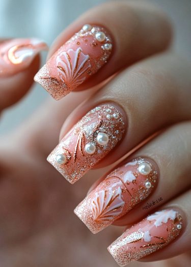 Elegant coral-pink coffin nails featuring intricate designs, glitter, pearls, and gold accents.