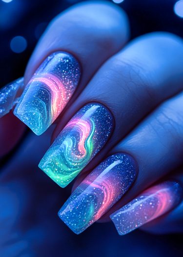 Stunning aurora borealis-inspired nail art with vibrant colors and glittery accents.