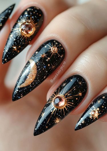 Elegant black stiletto nails with celestial gold designs, stars, and a shimmering crescent moon.