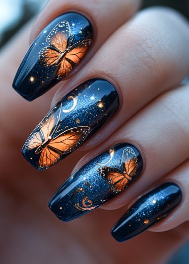 Cosmic butterfly nail art with vibrant orange butterflies, stars, and moons on glossy black background.