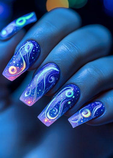 Stunning cosmic galaxy nail art with vibrant colors and starry design for a celestial look.