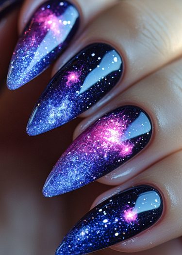 Stunning galaxy nail art featuring vibrant colors, stars, and swirling nebulae on stiletto nails.