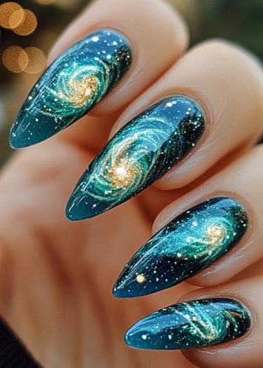 Elegant cosmic galaxy nails featuring swirling designs and shimmering star accents.