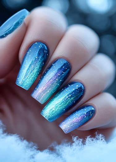 Stunning cosmic gradient nail art with navy blue to pastel green and purple hues.