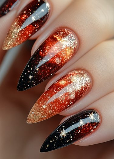 Stunning cosmic gradient nail art with black, red, and gold colors, featuring star accents.