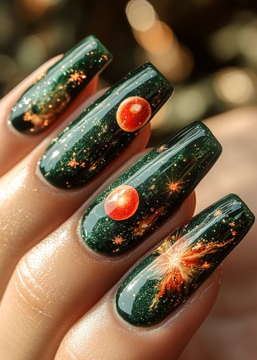 Cosmic green nail art featuring shimmering planets and celestial designs on almond-shaped nails.