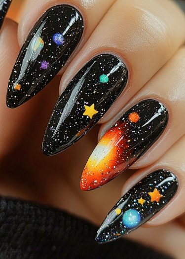 Cosmic nail art features vibrant galaxies, planets, and stars on glossy black almond-shaped nails.