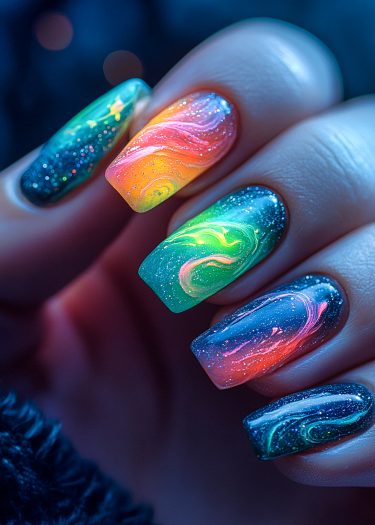 Vibrant cosmic nail art featuring stunning gradient colors and glittering designs.