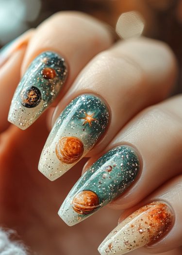 Stunning cosmic nail art with planets and stars in a gradient teal and cream design.