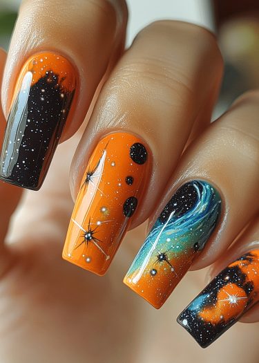 Vibrant cosmic nail art featuring rich orange, black, and celestial designs inspired by the universe.