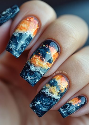 Stunning cosmic nail art with swirling oceanic and galaxy designs in vibrant colors.