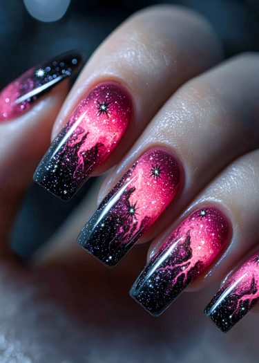 Stunning cosmic nail art featuring a galaxy gradient with stars and nebula-inspired design.