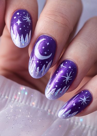 Elegant cosmic nail art with deep purple base, stars, and crescent moon designs.