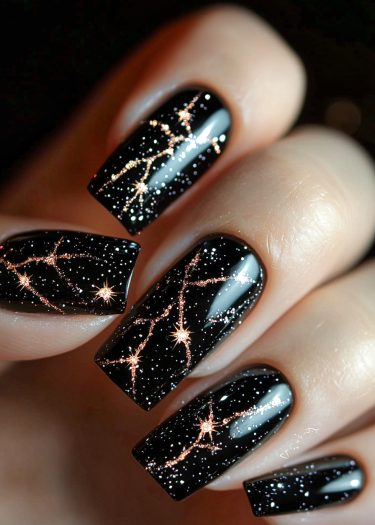 Stunning cosmic nail art featuring galaxy design, constellations, and sparkling stars on black polish.