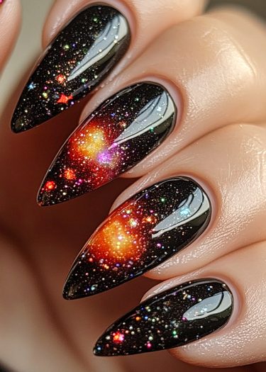 Stunning cosmic nail art featuring glossy black base and vibrant galaxy designs with glitter.