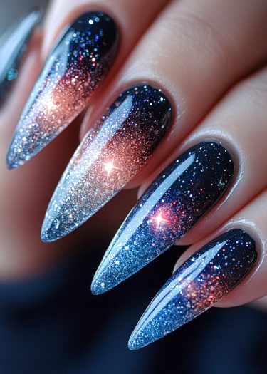 Stunning cosmic nail art featuring glittery galaxy design on long stiletto nails.