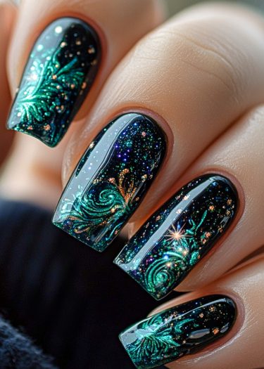 Stunning cosmic nail art featuring galaxy designs, glitter, and vibrant colors on black base.