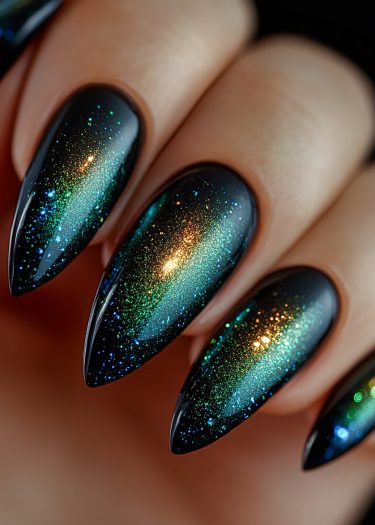 Elegant black nails feature a stunning cosmic gradient of emerald green and deep blue glitter.