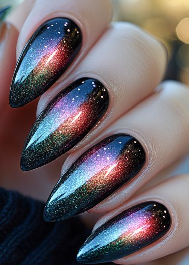 Stunning cosmic stiletto nail art with galaxy gradient and shimmering glitter accents.