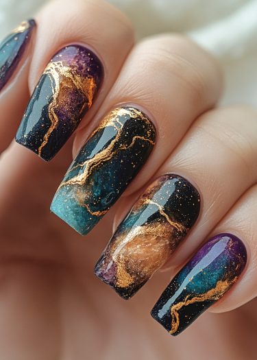 Galaxy-inspired nail art with cosmic colors and metallic gold accents for a luxurious look.