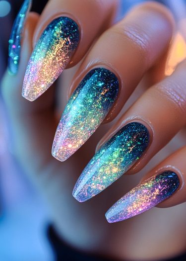 Stunning galaxy-inspired nail art with shimmering gradient and glittering cosmic design.