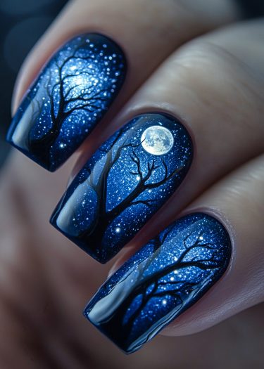 Stunning cosmic nail art featuring a starry night sky, moon, and tree branch silhouettes.