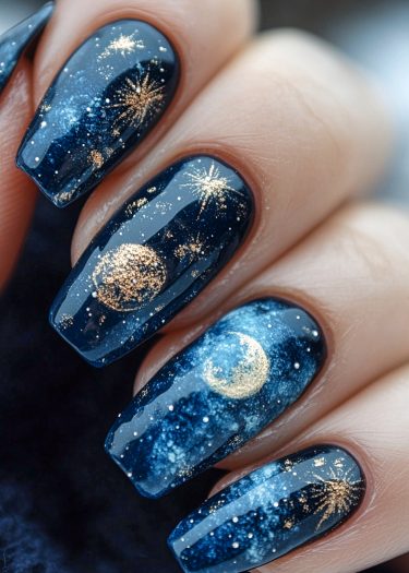 Celestial-inspired cosmic nail art features dark blue polish, stars, planets, and intricate galaxy designs.