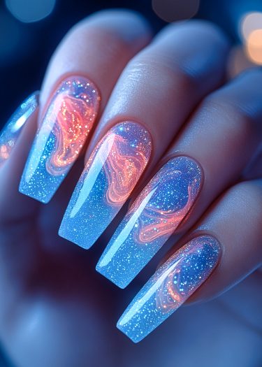 Stunning cosmic nail art design with galaxy theme, glitter, and coffin shapes.