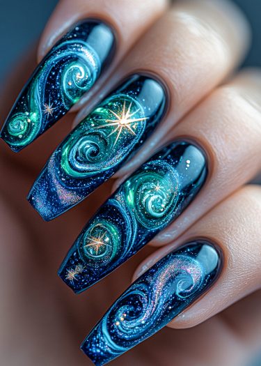 Stunning galaxy nail art design with intricate cosmic patterns and shimmering colors.