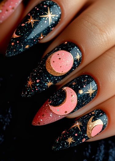 Enchanting cosmic nail design with moons and glittering stars on a deep black base.