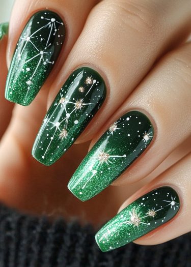 Celestial nail art featuring shimmering green base, constellations, and golden stars on elegant almond nails.