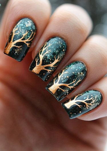 Elegant cosmic nature nail art with glossy black background and metallic gold tree silhouettes.